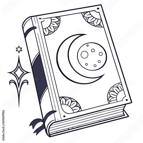 Mystical grimoire with moon and sun symbols and sparkle accents on black background