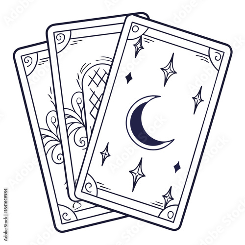 Mystical tarot cards with celestial moon and star designs on dark background