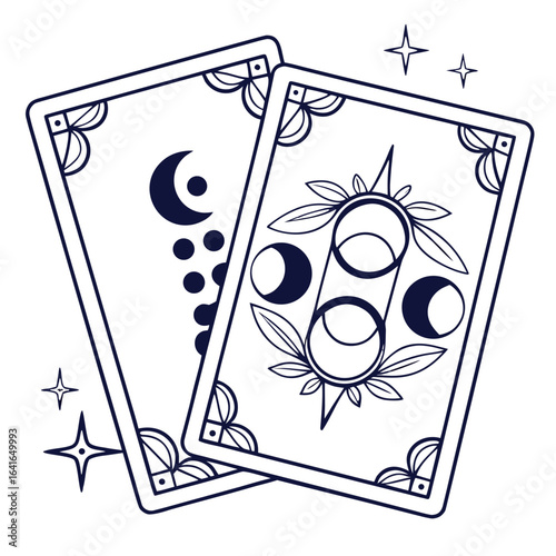 Mystical celestial tarot cards with moon phases and sun symbol on dark background with stars