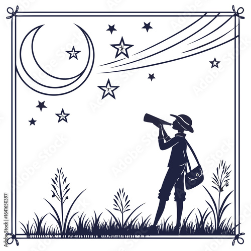 Silhouette of a young explorer gazing at the crescent moon and stars with a telescope at night