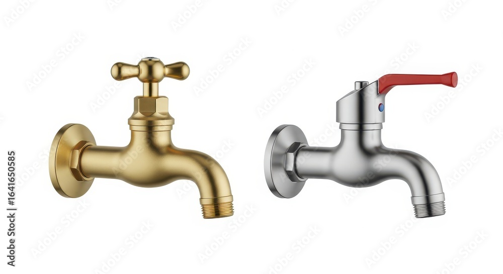 Two water taps one brass one chrome isolated on white background Two water taps one brass one chrome isolated on white background