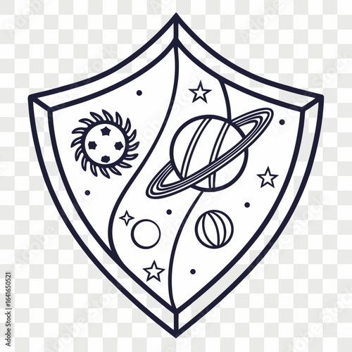 Stylized shield emblem featuring saturn sun planets and stars in a cosmic design