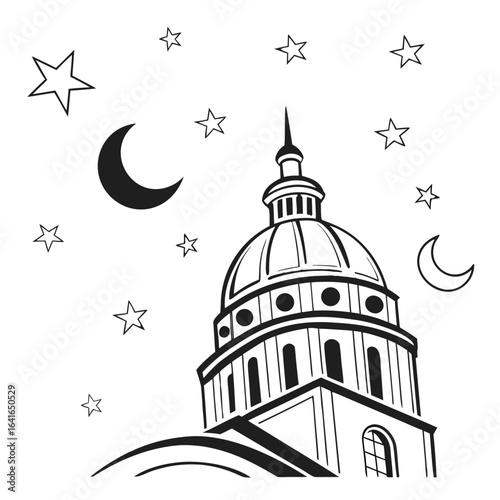 Stylized outline of a grand domed building silhouetted against a dark night sky filled with stars and crescent moons
