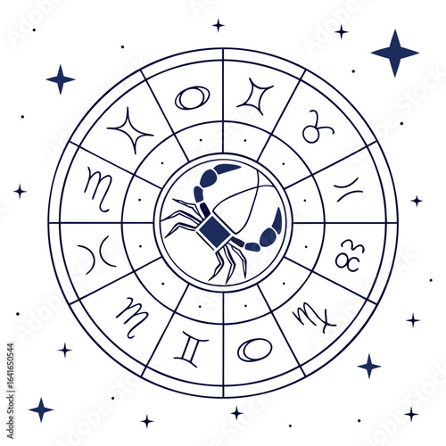 Stylized zodiac wheel with the scorpio symbol at its center surrounded by stars and constellations
