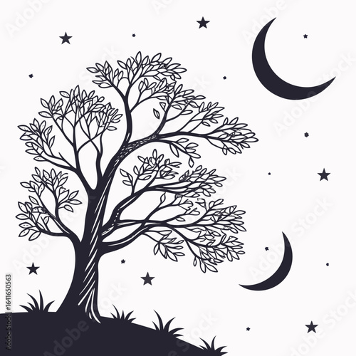 Stylized silhouette of a tree under a crescent moon and stars on a hilltop