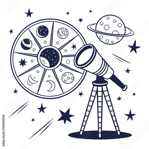 Telescope observing celestial bodies including planets moons and stars with a zodiac wheel in the night sky