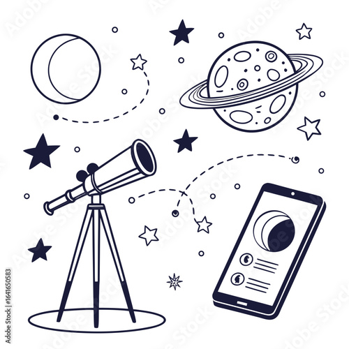 Telescope and smartphone observing celestial bodies like the moon and planet saturn surrounded by stars