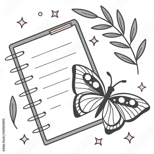 Whimsical butterfly and floral branch adorning a lined notebook page with sparkles