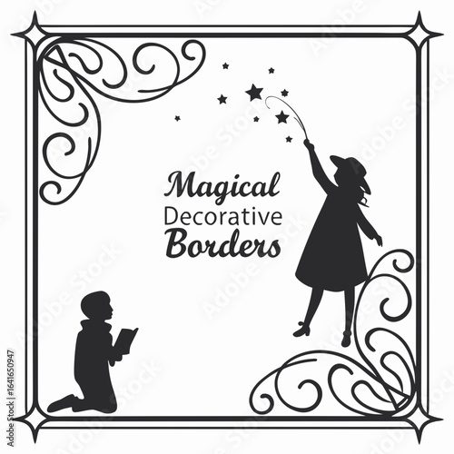 Whimsical silhouette of a child casting stars with a wand within a decorative magical border