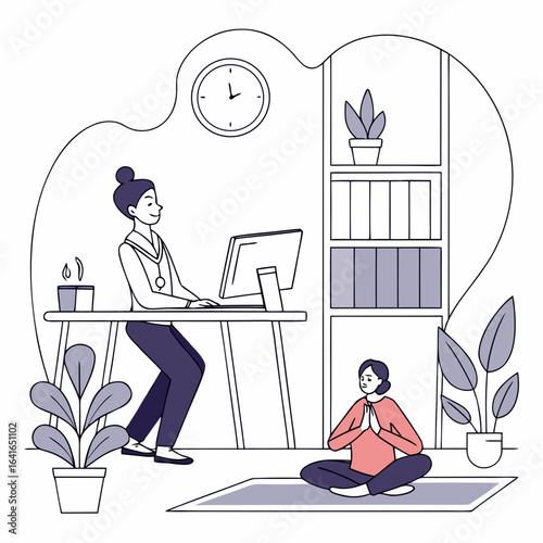 Woman working at computer while another woman meditates on yoga mat in modern home office