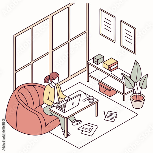 Woman working on laptop while sitting in a comfortable bean bag chair in a bright modern room