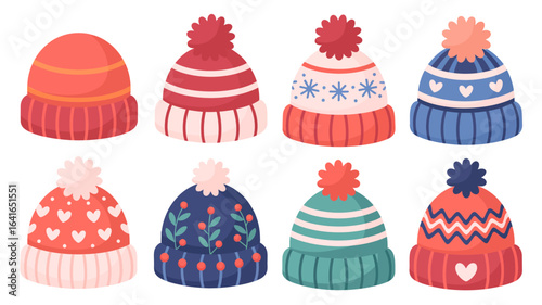 A collection of cute cartoon winter hats with pom-poms. Set of colorful knitted beanies with holiday patterns like snowflakes and hearts.