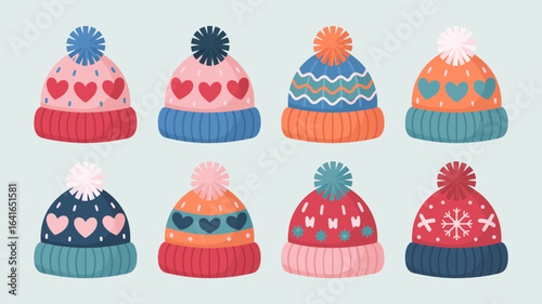 Vector illustration set of cozy winter beanies with heart and snowflake patterns. A colorful collection of warm pom-pom hats for the cold season.