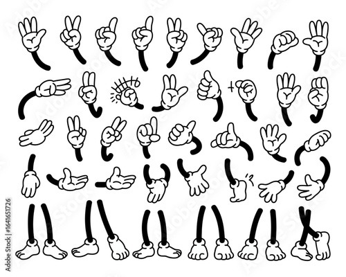 A diverse collection of retro cartoon character hands and legs, featuring various gestures and poses for animation and design projects.