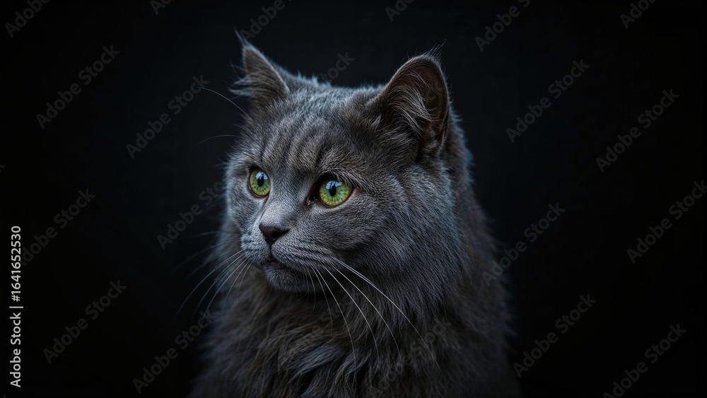 Fototapeta premium Beautiful gray cat adoption portrait set on a black background