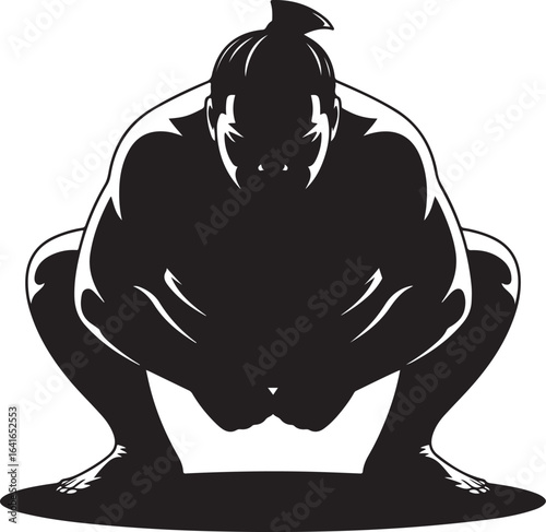 Black Silhouette of Sumo Wrestler Crouched for Match Isolated on White Background