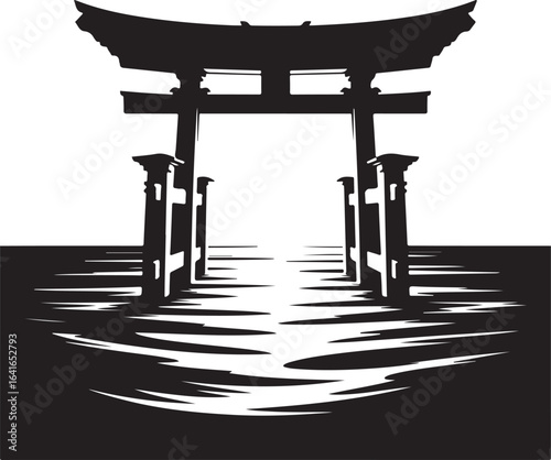 Black Silhouette of Torii Gate Standing in Ocean Waves Isolated on White Background