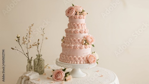Creamy pink wedding cake de...