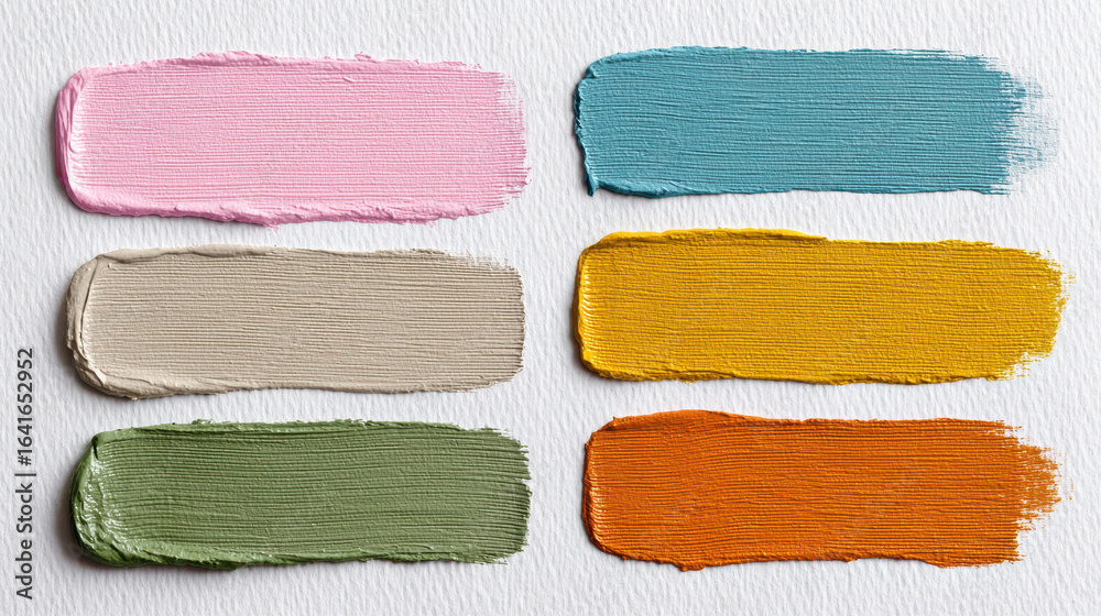 Fototapeta premium Colorful paint swatches on textured paper showing vibrant and soft hues in horizontal strokes