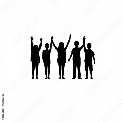 Diverse group of young people raising hands together in unity silhouette isolated on white background