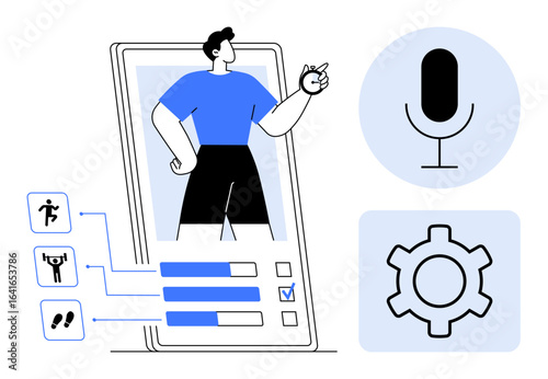 Person inside smartphone screen, progress bars, activity icons, microphone, and gear icon for user fitness tracking. Ideal for technology, fitness, mobile apps, motivation personalization health