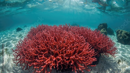 Lush red coral growing in a...