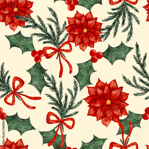Seamless pattern with christmas poinsettia, holly and berries.