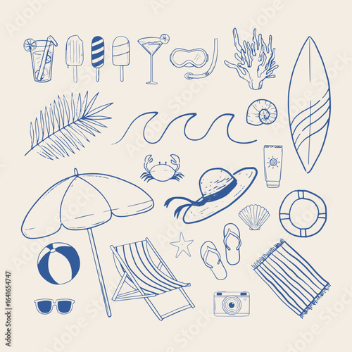 Hand-drawn summer beach elements set. Outline sketch vector illustrations of hand-drawn beach elements for beach party posters, banners, and travel websites.