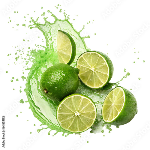 Fresh lime splash with juice and slices isolated on transparent background