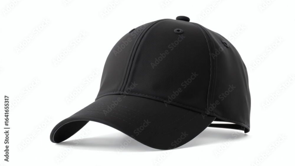 Fototapeta premium Sleek black baseball cap mockup isolated on a white background. Blank sports hat template perfect for branding and design presentation.
