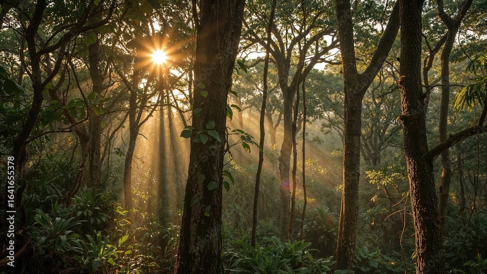 Obraz premium Early rays of the sun illuminating a verdant forest