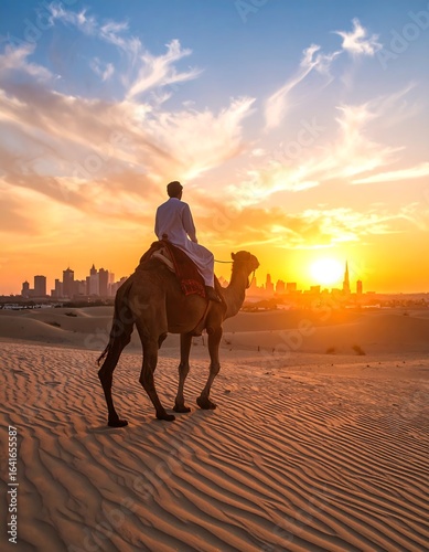 Fototapeta Naklejka Na Ścianę i Meble -  A man on a camel silhouetted against a vibrant sunset over a city skyline in the distance