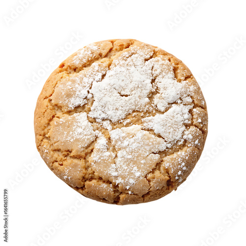 Single almond cookie dusted with powdered sugar isolated on transparent background