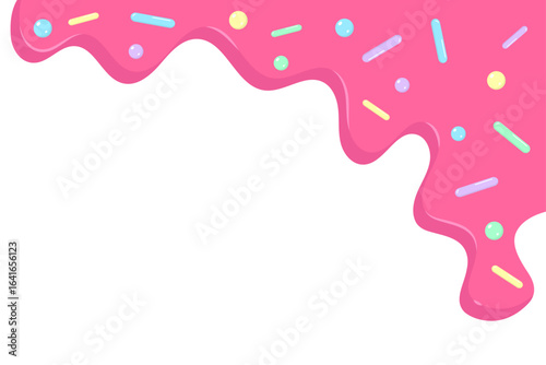 Sweet Pink Dripping Icing with Colorful Sprinkles. Abstract Dessert Background. Vector Illustration