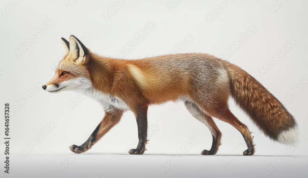 Fototapeta premium A Red Fox in Profile, Walking Gracefully on a White Background