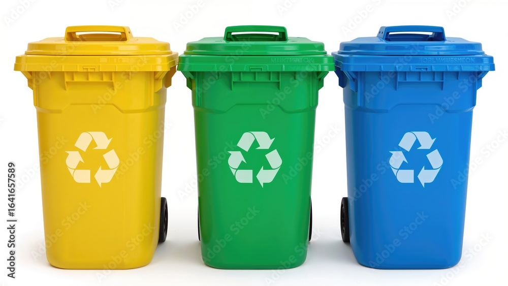 Waste disposal bins in yellow, green, and blue colors for recycling materials like plastic, paper, and glass, highlighting environmental conservation. Waste disposal bins in yellow, green, and blue colors for recycling materials like plastic, paper, and glass, highlighting environmental conservation.