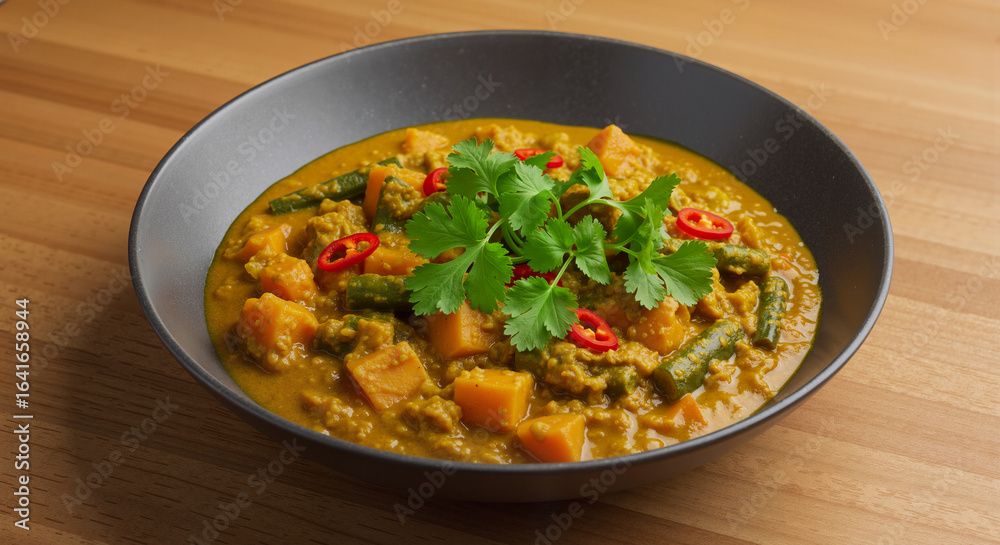 A Delicious Bowl of Vegan Butternut Squash and Green Bean Curry Garnished with Fresh Cilantro and Red Chili Peppers A Delicious Bowl of Vegan Butternut Squash and Green Bean Curry Garnished with Fresh Cilantro and Red Chili Peppers