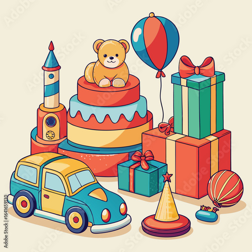Whimsical illustration of a child s colorful playroom with toys and furniture