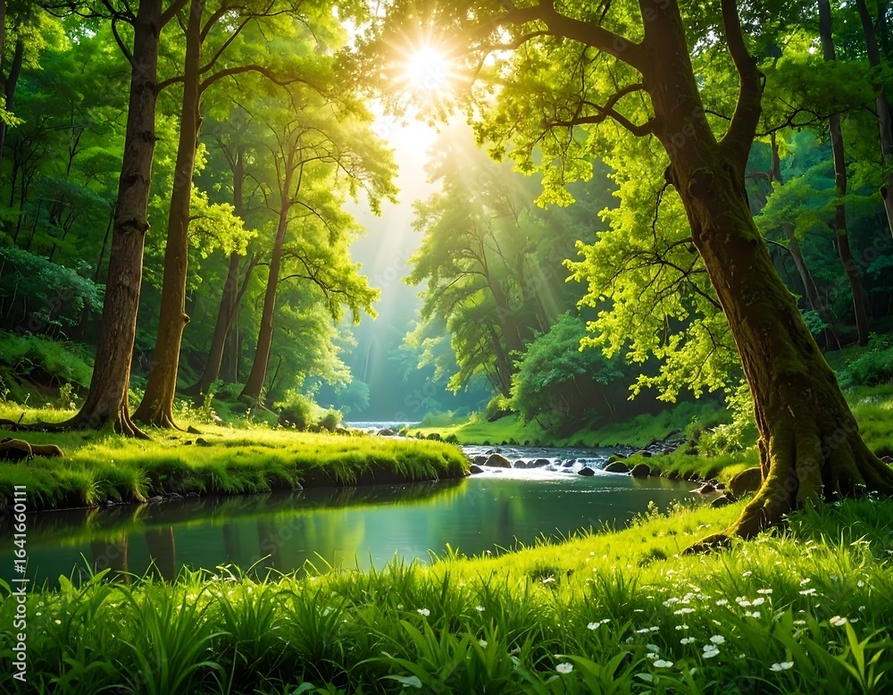 Fototapeta premium Serene Forest Stream with Sunlight Filtering Through the Lush Canopy Scene