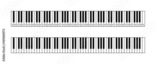 Piano keys illustration. Vector illustration of 88 key piano keys with note labels. Piano or keyboard chart for education and music teaching. 