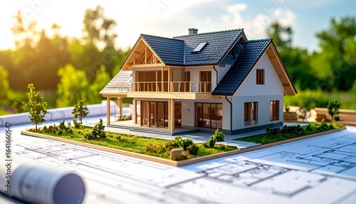 A model home sits atop blueprints, showcasing architectural plans and landscaping