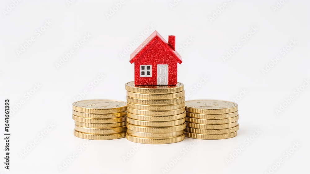 Little red dwelling placed on a heap of coins illustrating real estate and business finance ideas Little red dwelling placed on a heap of coins illustrating real estate and business finance ideas
