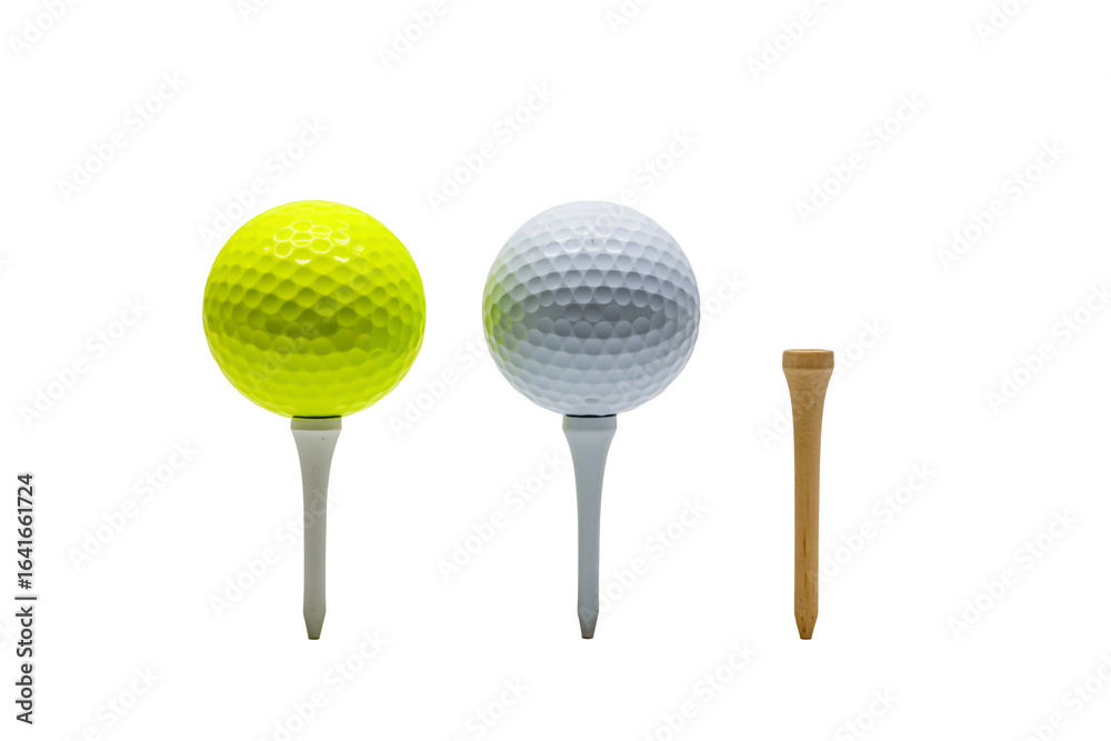 Two golf balls on tees and one wooden tee isolated on transparent background Two golf balls on tees and one wooden tee isolated on transparent background