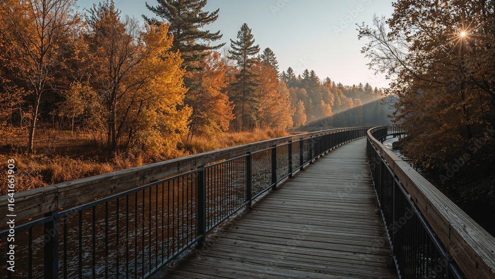 Naklejka premium Bridge for pedestrians above a river in the fall season