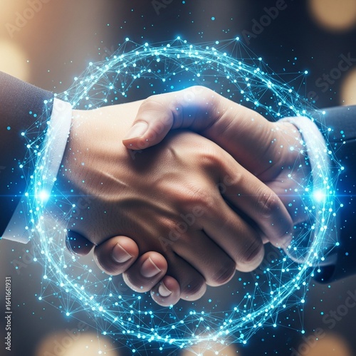 Close-up  Handshake of Business Surrounded by Digital Network Connections, Symbolizing Partnership, Technology Collaboration