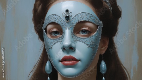 A porcelain lady with an enigmatic stare, her soul hidden by an ornate mask's cold, beautiful artifice — a neoclassical piece on the duality of the self