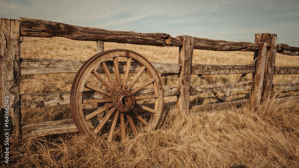 Obraz premium Rustic Ranch Setting Featuring Old Wagon Wheel