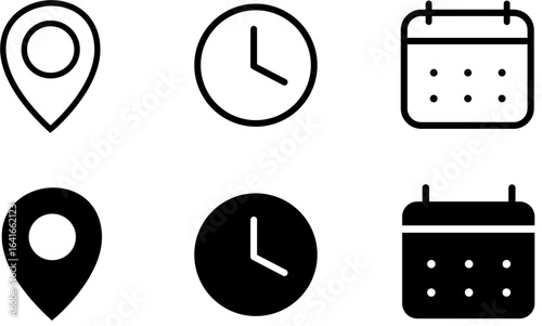 Set date, location and address icons pack vector