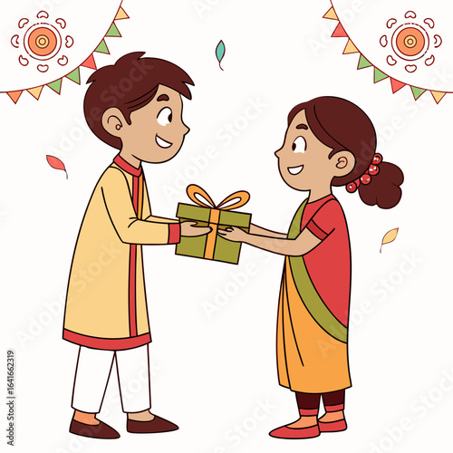 A brother gives a gift to his sister celebrating a special occasion with festive decorations
