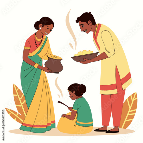 A happy indian family preparing and serving traditional food together during a celebration